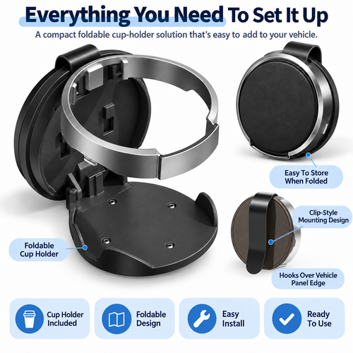 Foldable Car Cup Holder: Clips On Anywhere You Need One